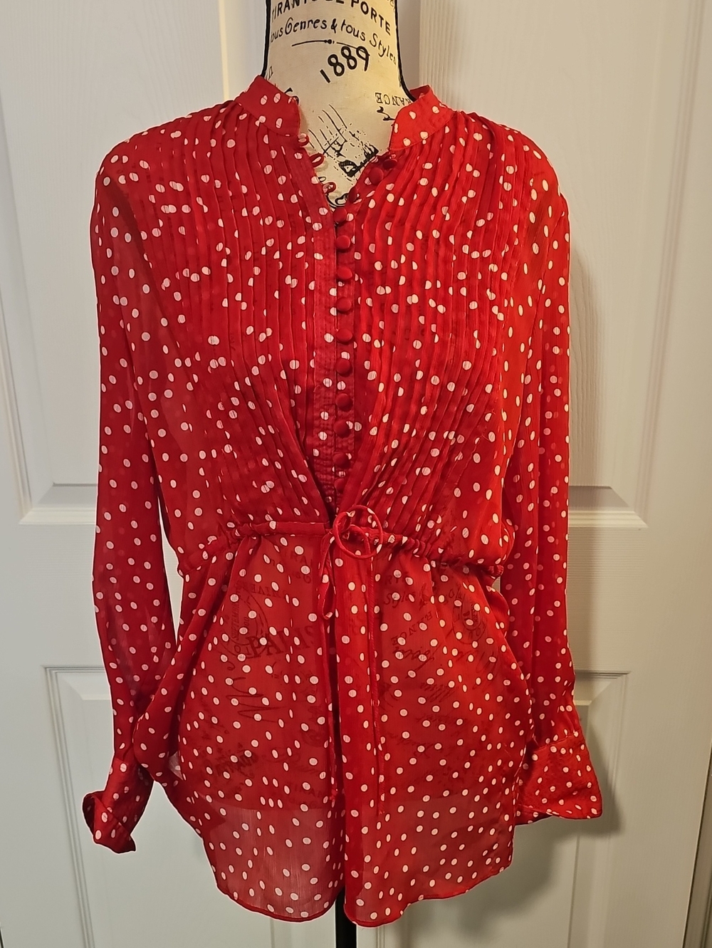 George Red Polka Dot Long-Sleeve Blouse with Tie Detail